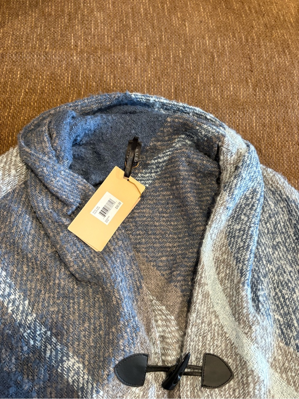 Plaid Hooded Wrap Shawl in Blue and Gray - Picture 6 of 9